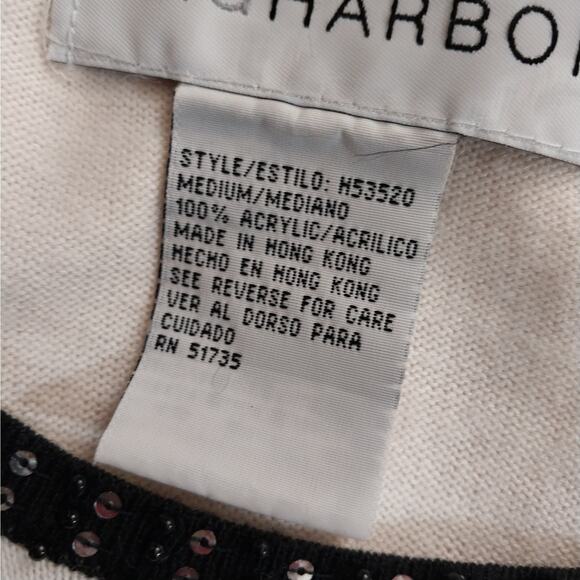 SAG HARBOR! CREAM FAUX TWINSET W/BLACK RIBBON, BEAD, MINI SEQUIN TRIM! SZ M - Picture 7 of 9